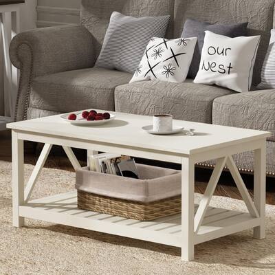 Coffee Table, Living Room Table with Shelf, 40 Antique White