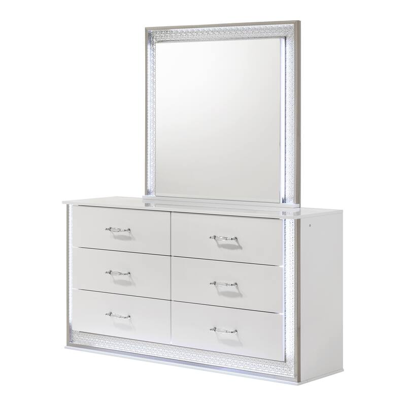 Furniture of America Andrea Modern 2-Piece White 6-Drawer Dresser and Mirror Set with LED Accent Lighting