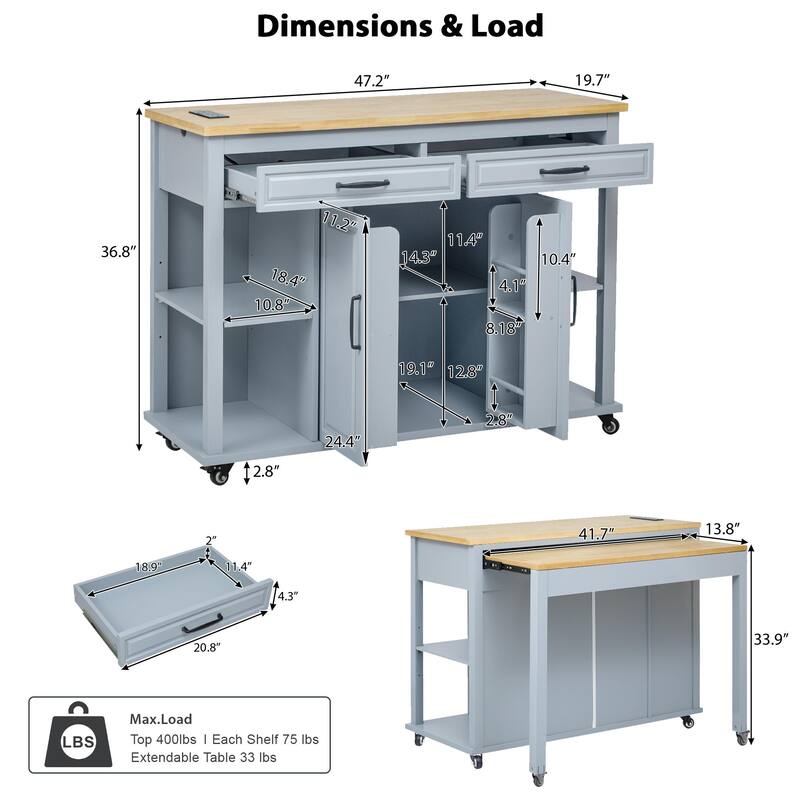 Extendable Kitchen Island on Wheels, Rolling Mobile Kitchen Cart, Bar Cabinet with Internal Storage Rack, 2 Drawers & 2 Cabinet