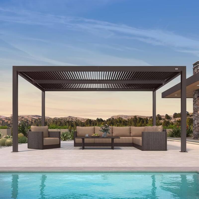PURPLE LEAF Bronze Louvered Pergola with Adjustable Roof for Deck Backyard Garden Hardtop Gazebo - 10' x 16' - Bronze