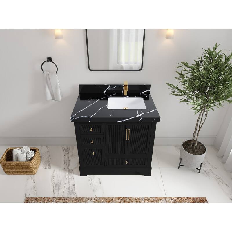 Willow Collections 36 in. W x 22 in. D Alys Right Offset Sink Bathroom Vanity with Countertop - 2"Calacatta Black - Black