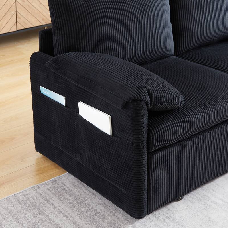 3-in-1 Adjustable Sleeper Sofa Bed Corduroy Loveseat Couch with 2 Back Pillows, Detachable Armrest Pillows and Side Pockets