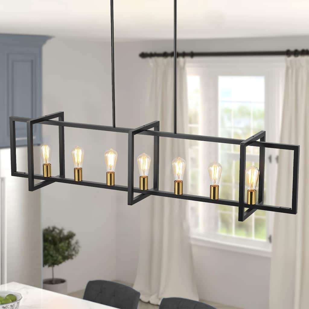 Halliburton 7-Light Oversized 59'' Modern Industrial Linear Kitchen Island Pendant Lantern Cage Farmhouse Chandelier