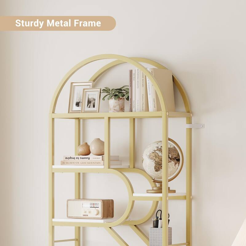 81.7 Inch Arched Bookshelf, Open Bookshelf with Storage Shelf, Geometric Bookcase Display Racks Tall Standing