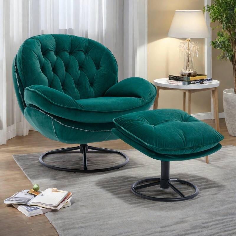 Velvet Swivel Accent Chair 360° Rotating Lounge Chair with Ottoman and Metal Legs