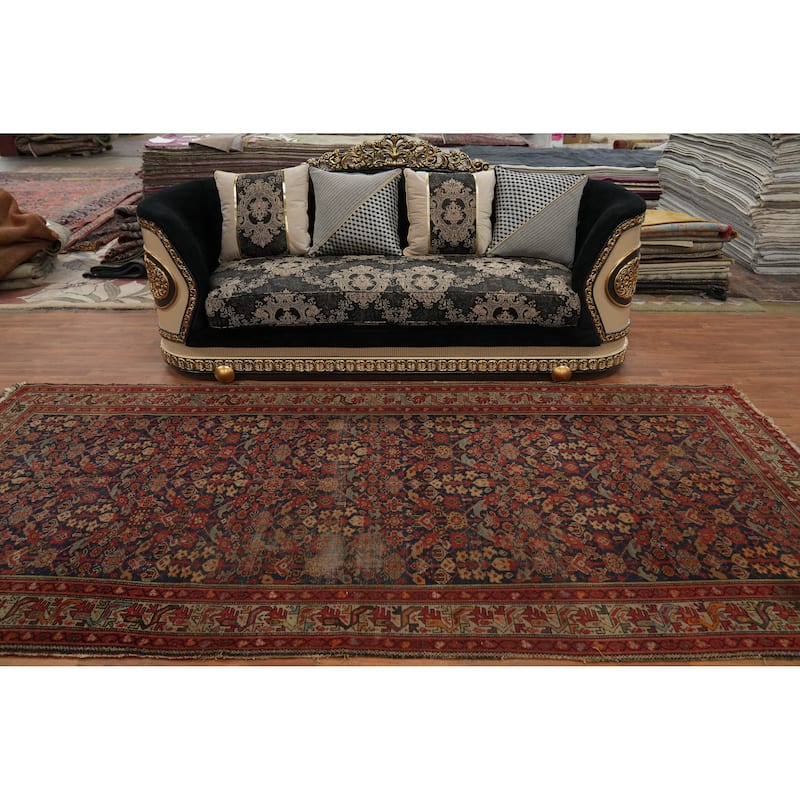 Hand Knotted Oriental 100% Wool Carpet Traditional Floral Navy Blue & Blues Malayer Area Rug - 11' 8'' X 5' 3''