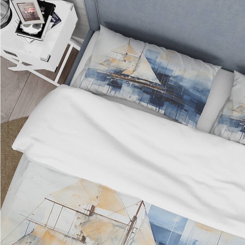 Designart "Blue and white Nautical Geometry boat" Coastal Minimalism Bedding Cover Set - Traditional Bed Set with Shams
