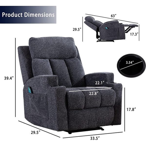 dimension image slide 0 of 4, Manual Recliner Massage and Heating Chair Sofa with 2 Cup Holders Breathable Fabric