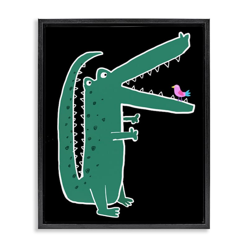 Stupell Alligator & Bird on Black Framed Floater Canvas Wall Art Design By Carla Daly - 17 x 21 - Black