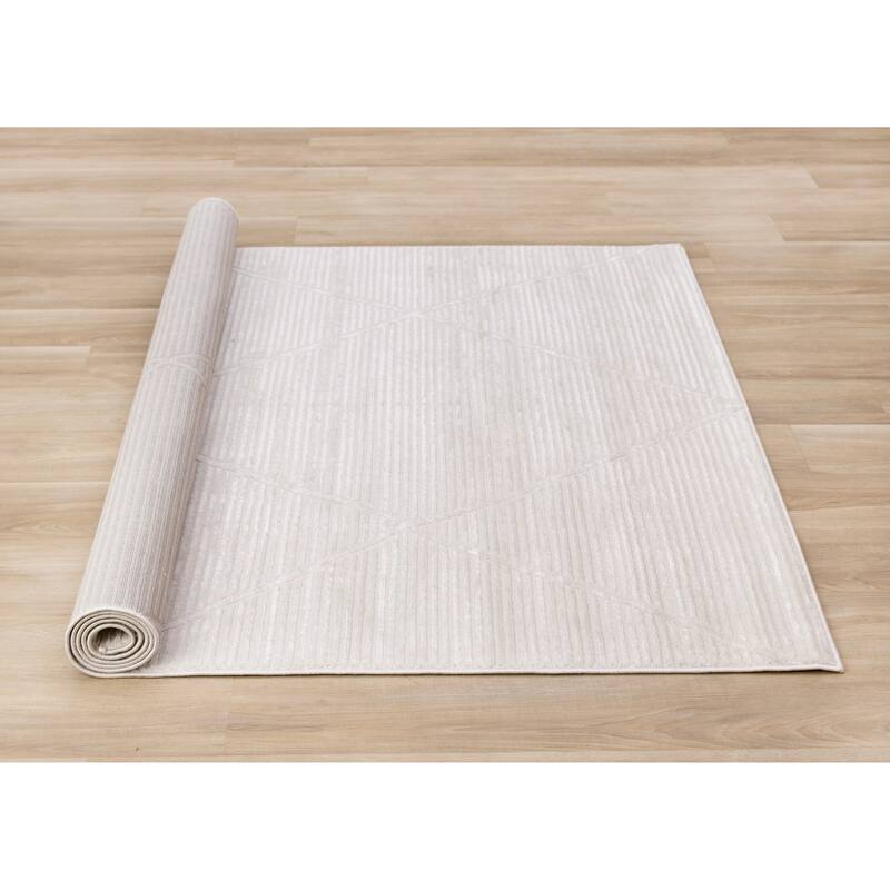 Leonardo White Grey Striped Trellis Neutral Area Rug