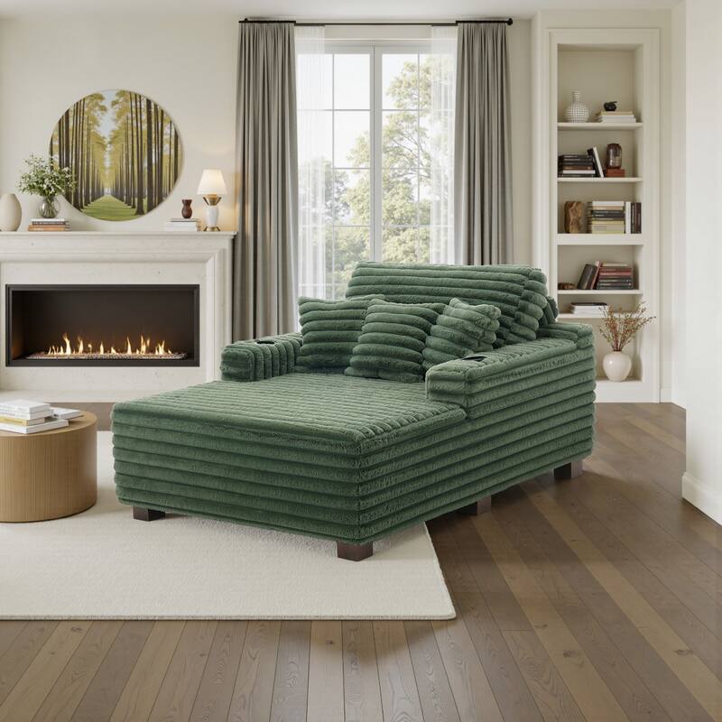 53"W Oversized Plush Fur-Like Chaise Lounge Sofa with Cup Holder