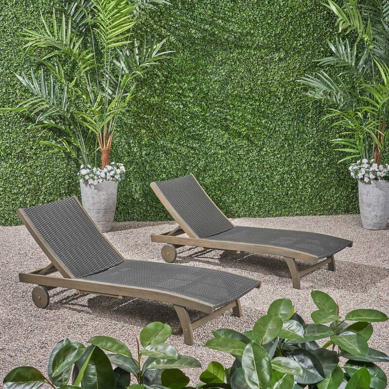 Set of 2 outdoor solid wood deck chairs with pull-out tray and rollers