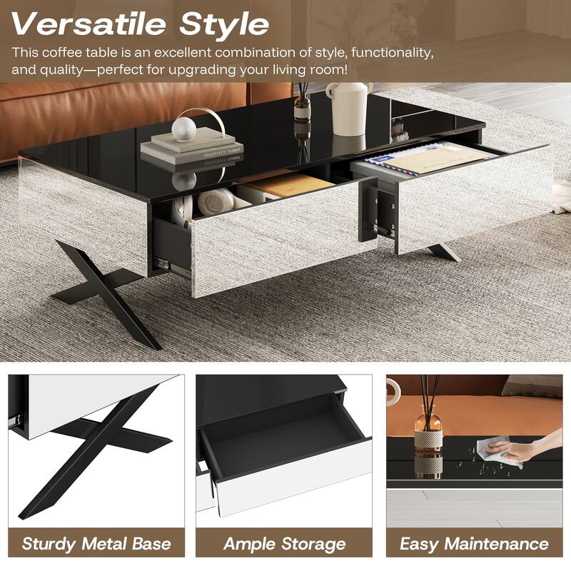 47.3" Rectangular Mirror Coffee Table for Living Room with Storage and Metal Base, 2 drawers, Black High Gloss Top