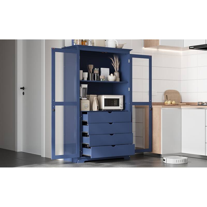 Roomfitters 75" Kitchen Pantry, Freestanding Storage Cabinet Display Cabinet with Glass Doors and 4 Drawers