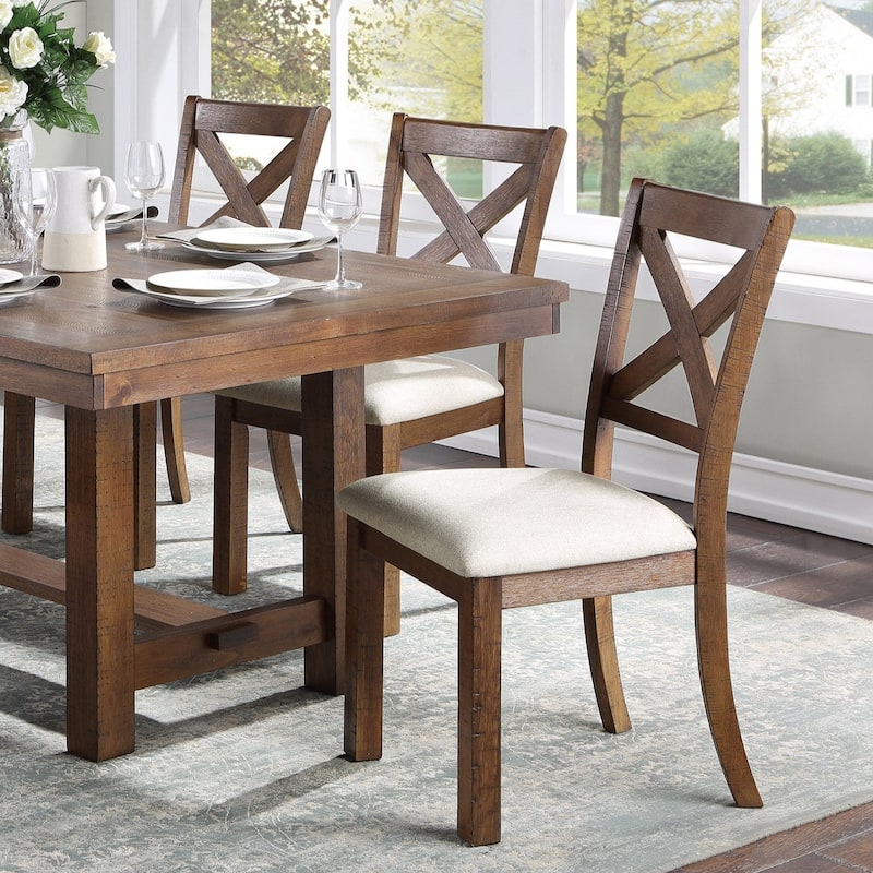 Transitional Style Dining Set Brown Finish Table Bench Side Chairs Upholstered Seat Wooden Furniture - 6pc Set