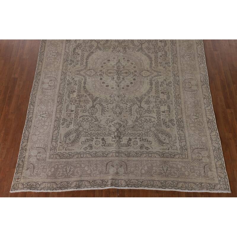 Distressed Tabriz Persian Vintage Rug Hand-Knotted Beige Wool Carpet - 8'0"x 10'7"