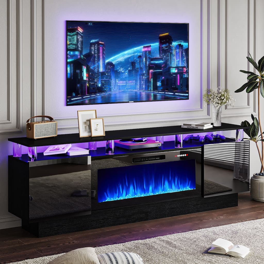 BOSSIN 70 Fireplace TV Stand with 36 Electric Fireplace， LED Light Entertainment Center Modern 2-Tier TV Console Stand