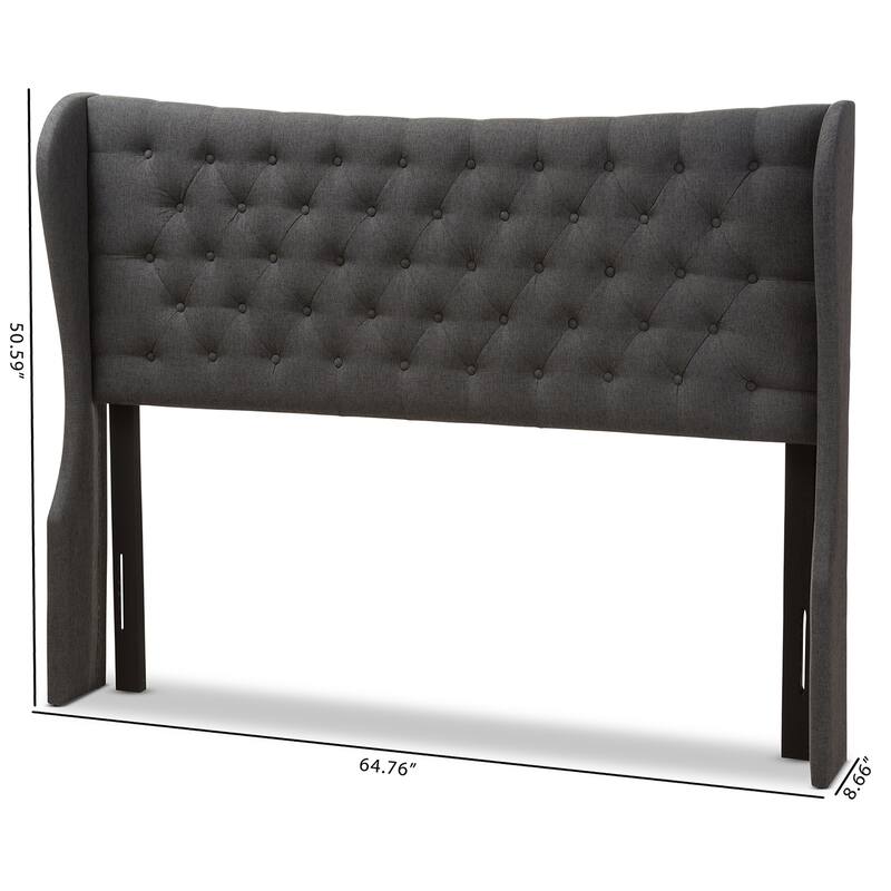 Modern Dark Grey Fabric Button Tufted Queen Size Winged Headboard with Padded Upholstery and Adjustable Legs