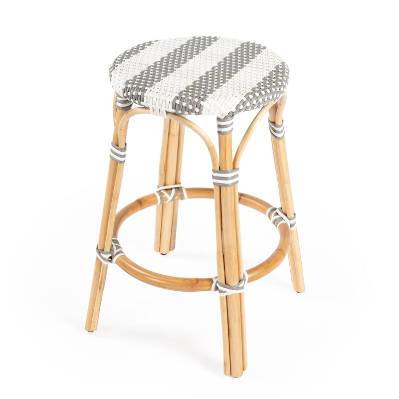 Tobias 24" Rattan Round Counter Stool - Gray/White Stripe/ Natural Rattan Frame