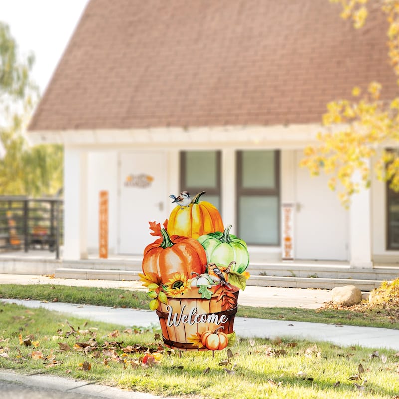 Glitzhome 30"H Fall Metal Wheelbarrow Pumpkin Welcome Barrel Yard Stake Thanksgiving Decor