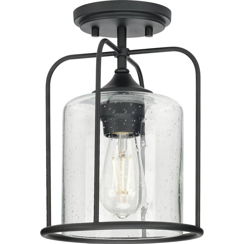 Watch Hill Collection One-Light Textured Black Clear Seeded Glass Farmhouse Semi-Flush Light - 8.5 in x 8.5 in x 11.62 in