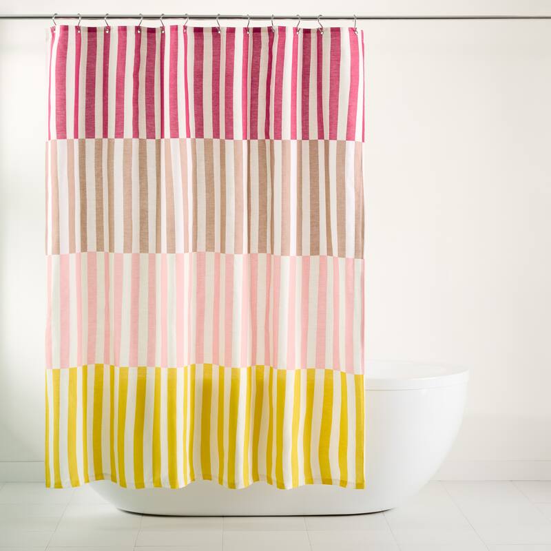 TOWN & COUNTRY PLAY Adeline Offset Stripe Cotton-Rich Breathable Fabric Shower Curtain with Anti-Rust Grommets - Pink-Multi - 70"x72"