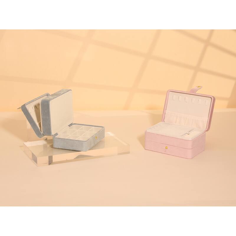 2 Layer Jewelry Box for Women, Plush Velvet Jewelry Organizer Case Storage Display Holder with Drawer, Removable Jewelry Tray