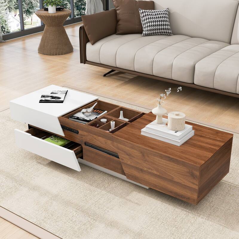 Large Extendable Coffee Table with Hidden Storage, Dual-Tone Rectangular Center Table w/ Sliding Tabletop, Table for Living Room