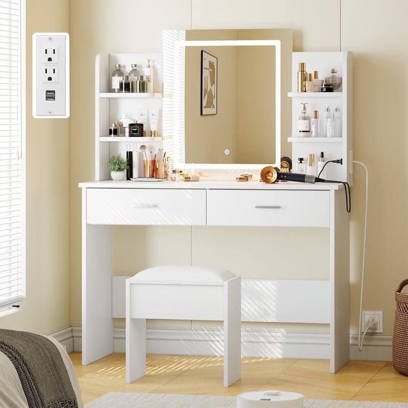 Makeup Vanity Set with Mirror, Stool， Charging Station， 2 Drawers, 6 Shelves