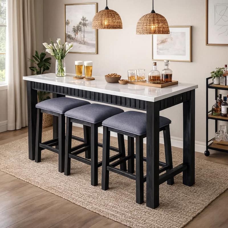 4 Piece Marble Top Table and Stool Set, White and Brown