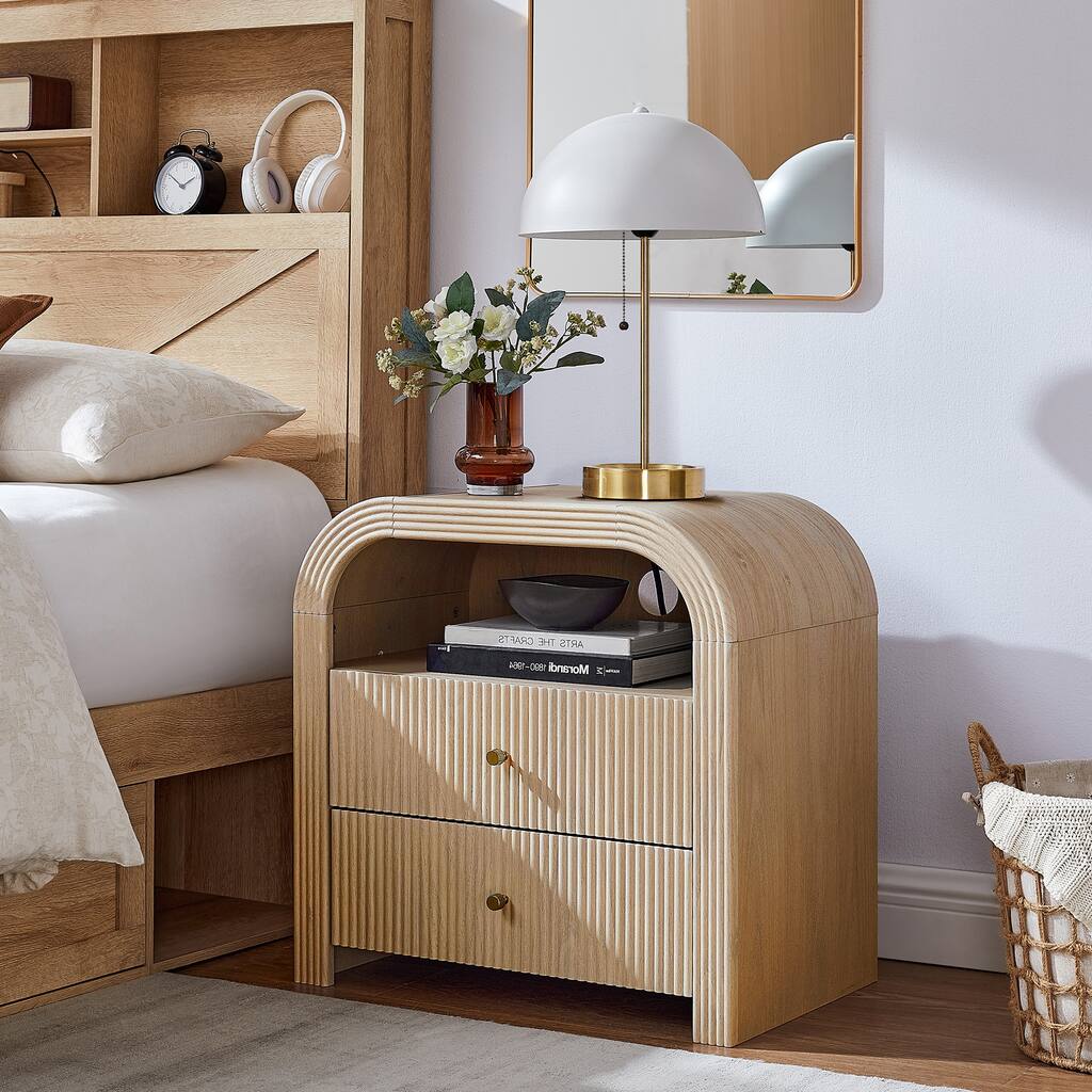 Modern Fluted Nightstand with Charging Station, Arched End Table