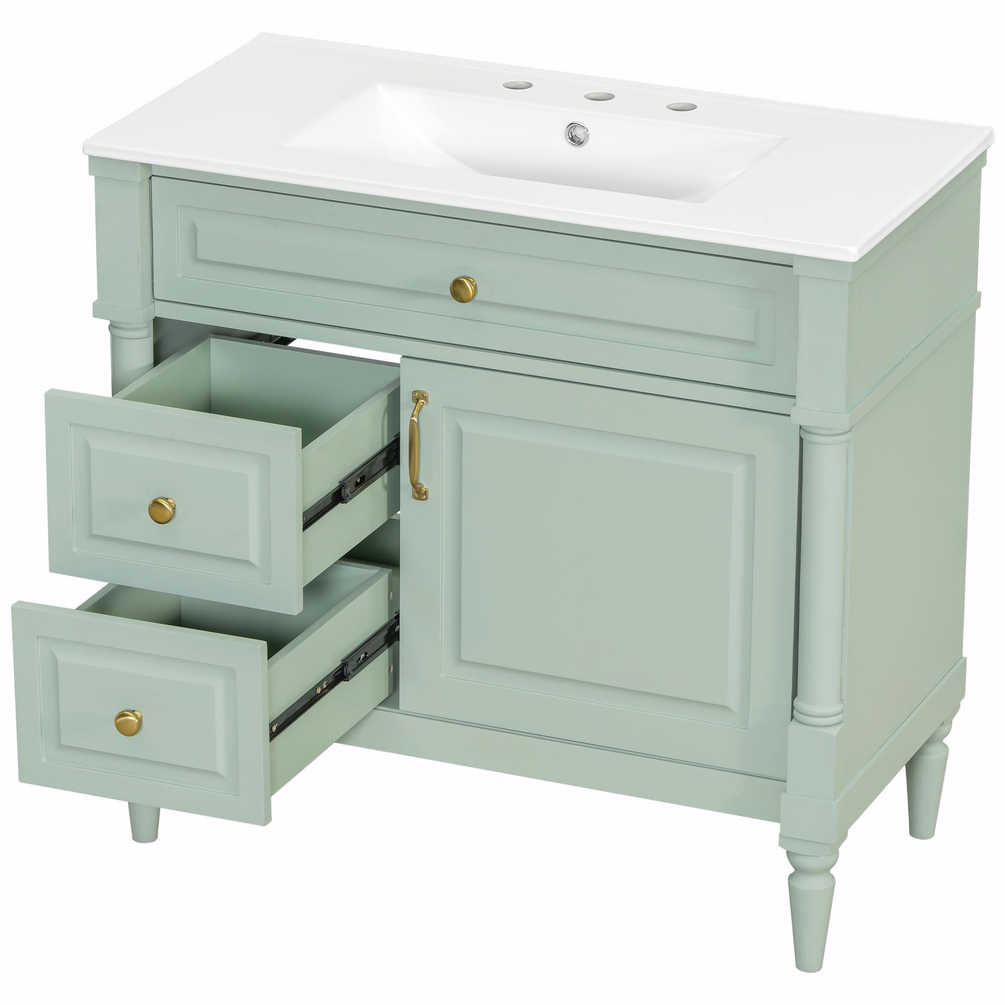 36" Bathroom Vanity with Sink, Freestanding Bathroom Cabinet with Ceramic Basin, Flip Drawer