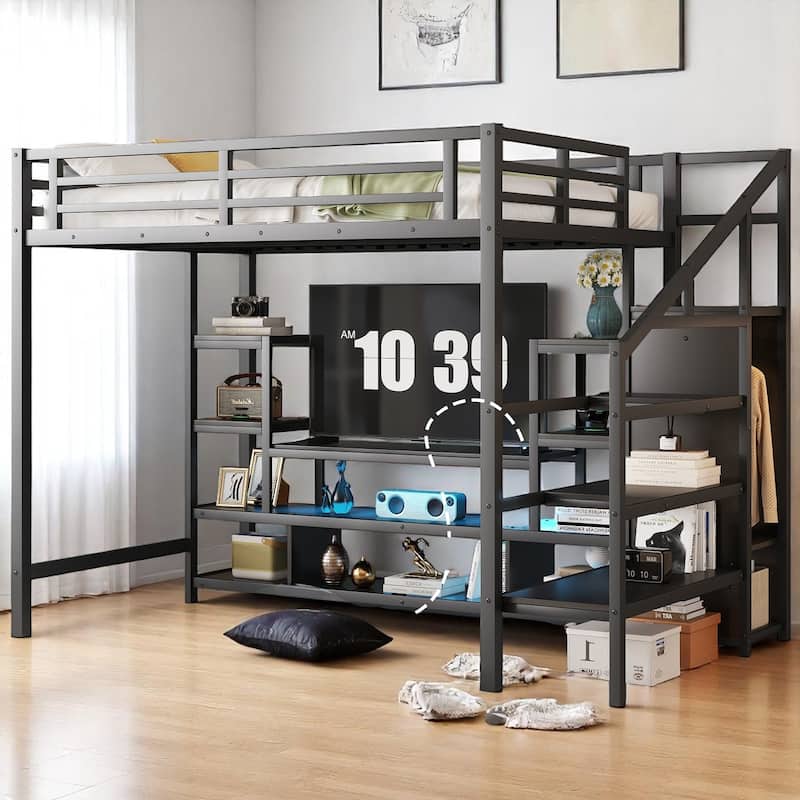 Metal Loft Bed Full Size with TV Cabinet, LED Strip, Wardrobe, Charging Ports and Stairs with Storage