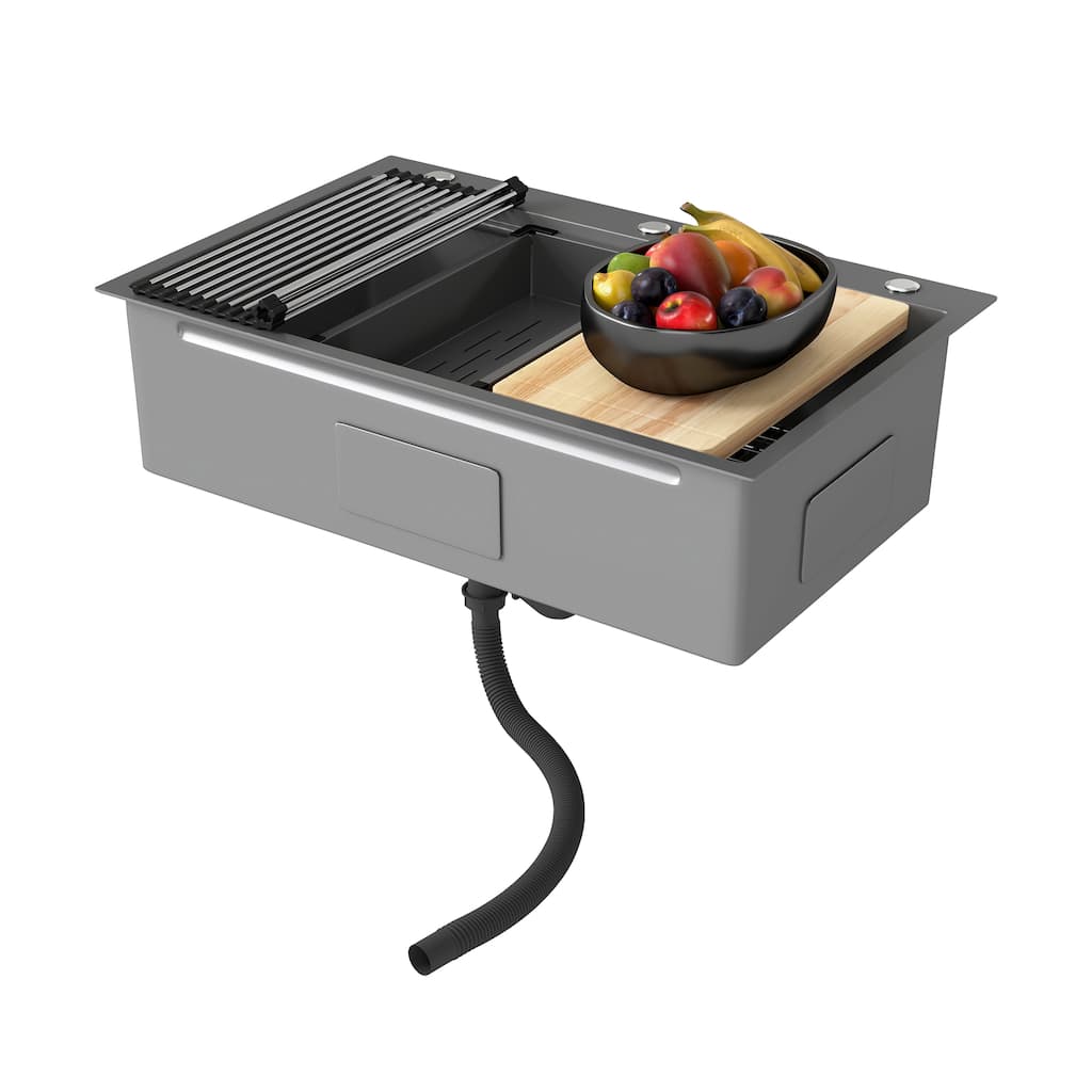 Moasis 33" Drop In Kitchen Workstation Sink, 304 Stainless Steel Single Bowl w/ Accessories, Silver