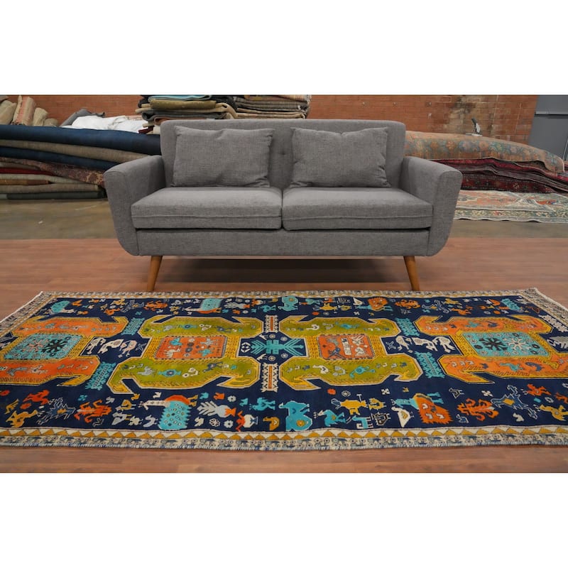 Hand Knotted Oriental 100% Wool Carpet Traditional Tribal Navy Blue & Blues Meshkin Area Rug - 8' 5'' X 3' 7''