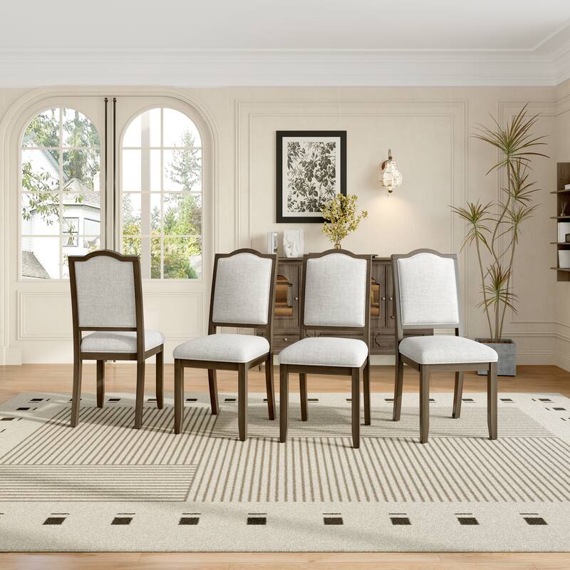 Modern 4 Piece Curved Linen Dining Chairs with Cushions, High Backs, Solid Wood Legs for Dining Room Kitchen Bedroom Living Room