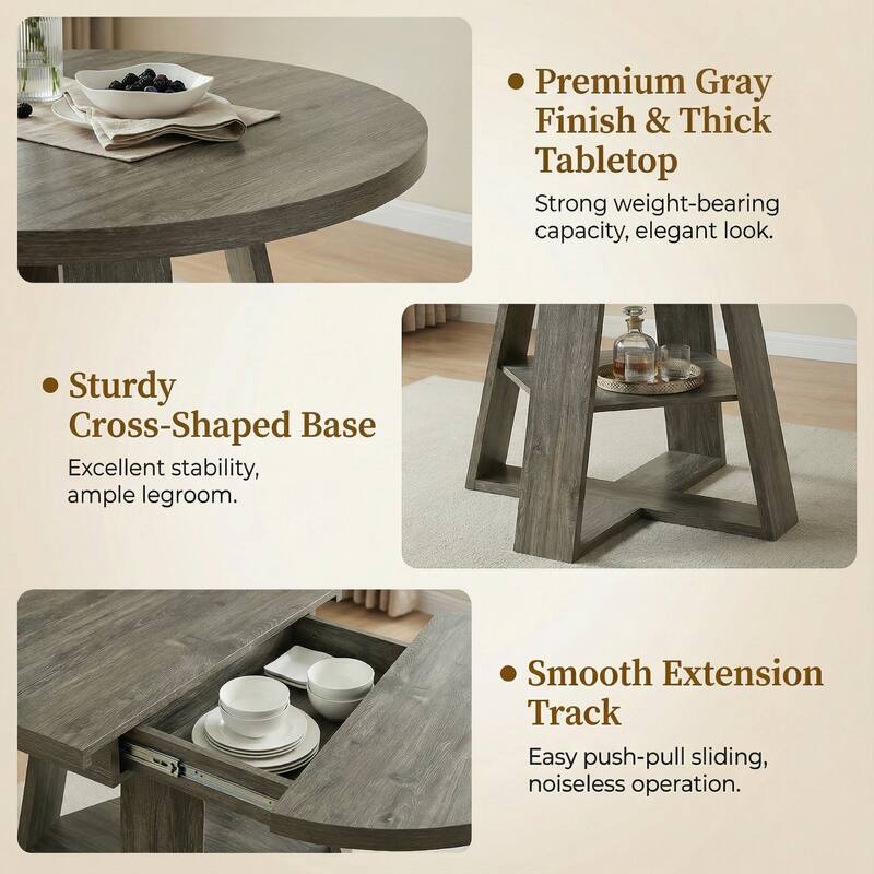 43"-59" Extendable Oval Dining Table with Storage Base, Modern Round to Oval Kitchen Table