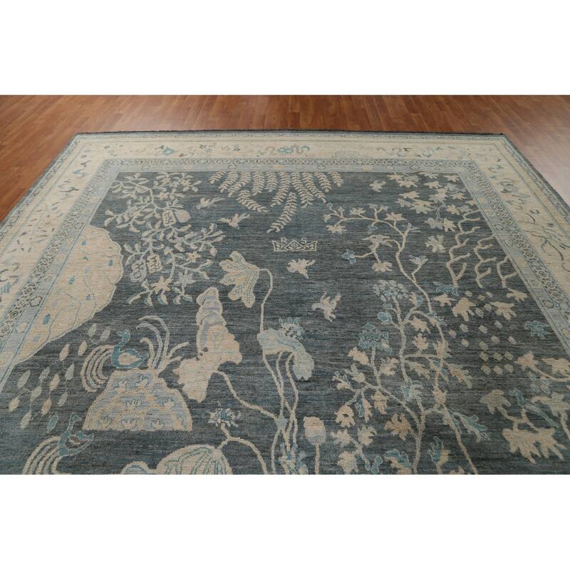 Hand Knotted Oriental 100% Wool Carpet Traditional Floral Greys & Charcoal Art Deco Area Rug - 14' 0'' X 9' 10''