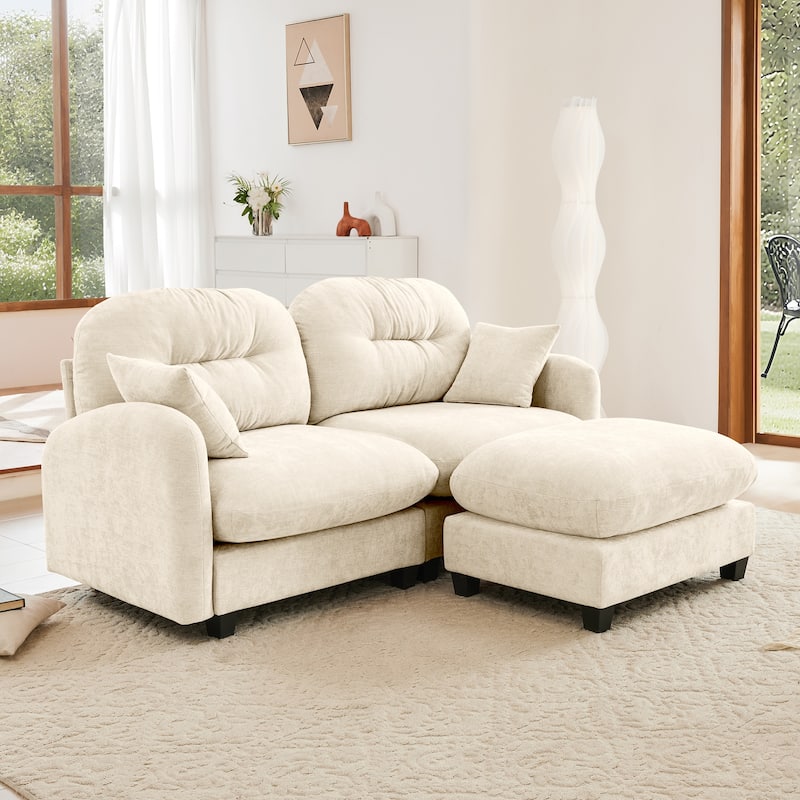 2 Seat Chenille Sofa Round Arms Sectional Sofa, Modern 74" Tufted Back Couch with Ottoman for Lving Room, Small Space
