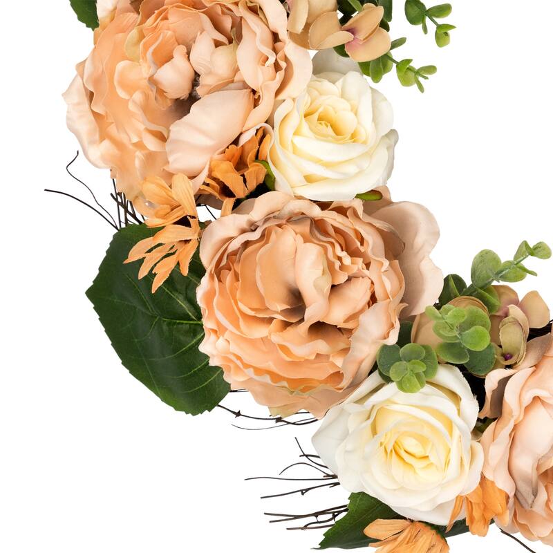 Rose and Peony Artificial Wreath - 22" - Peach and White