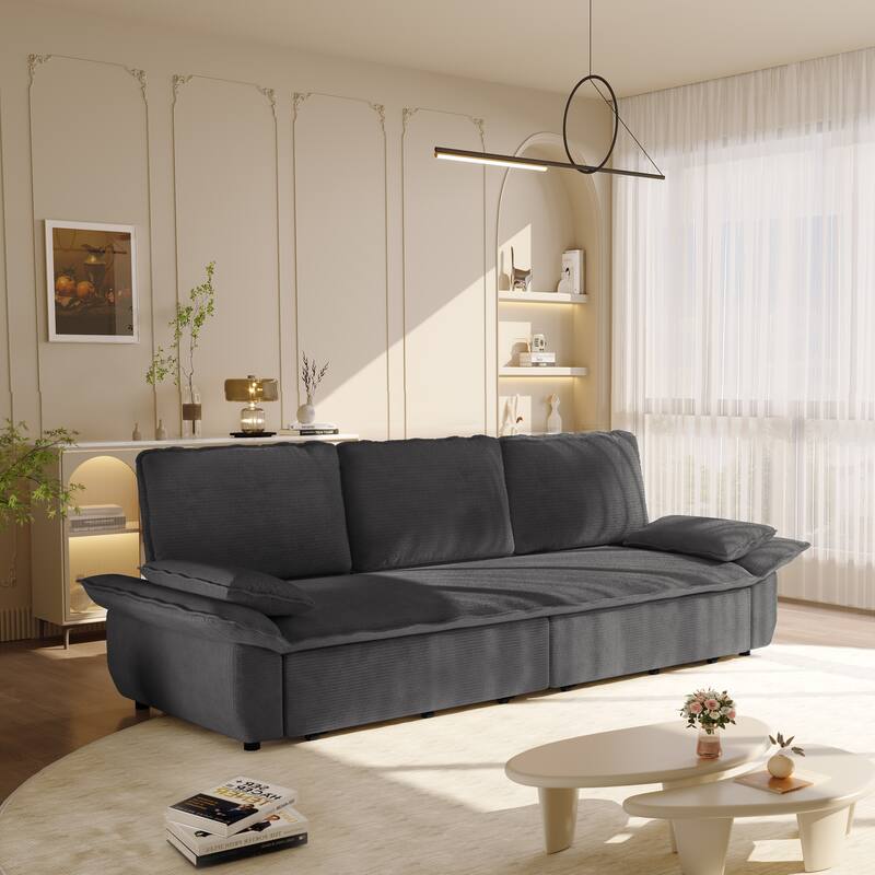 94.5" Corduroy Sofa Bed, 3-in-1 Convertible Sleeper Sofa Couch, Pull Out Sofa Bed, Space-Saving Upholstered Sofa - Grey