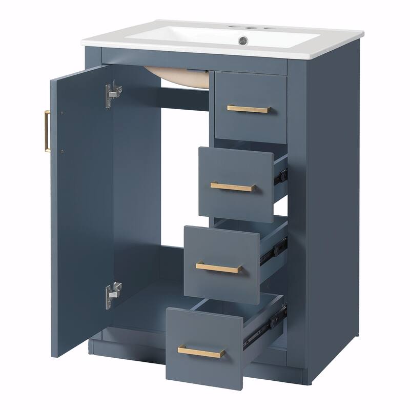24" Bathroom Vanity with Integrated Ceramic Sink, Cabinet with 1 Door and 3 Drawers