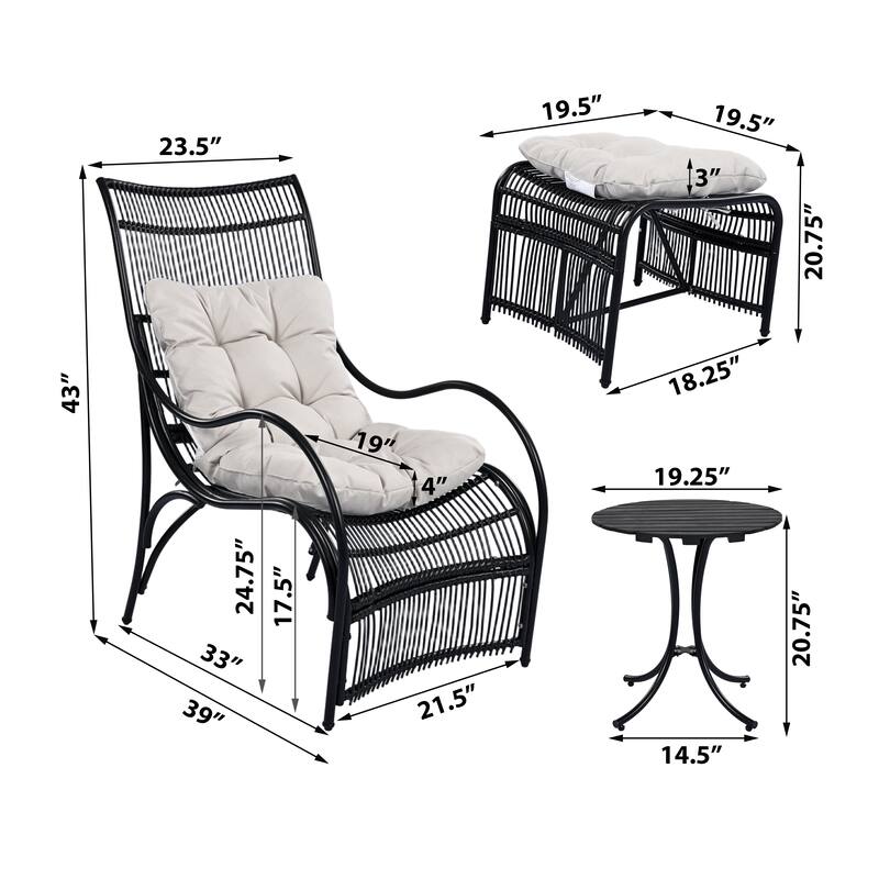 Roomfitters 3-Piece Wicker Patio Furniture Set with Lounge Chair, Ottoman, and Cushions for Garden or Deck