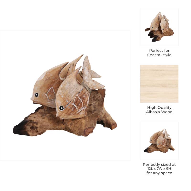 Wood Hand-Carved Fish Figurine Coastal Finish (Set of 2) - 9" Brown - 14" x 7.5" x 8.75"
