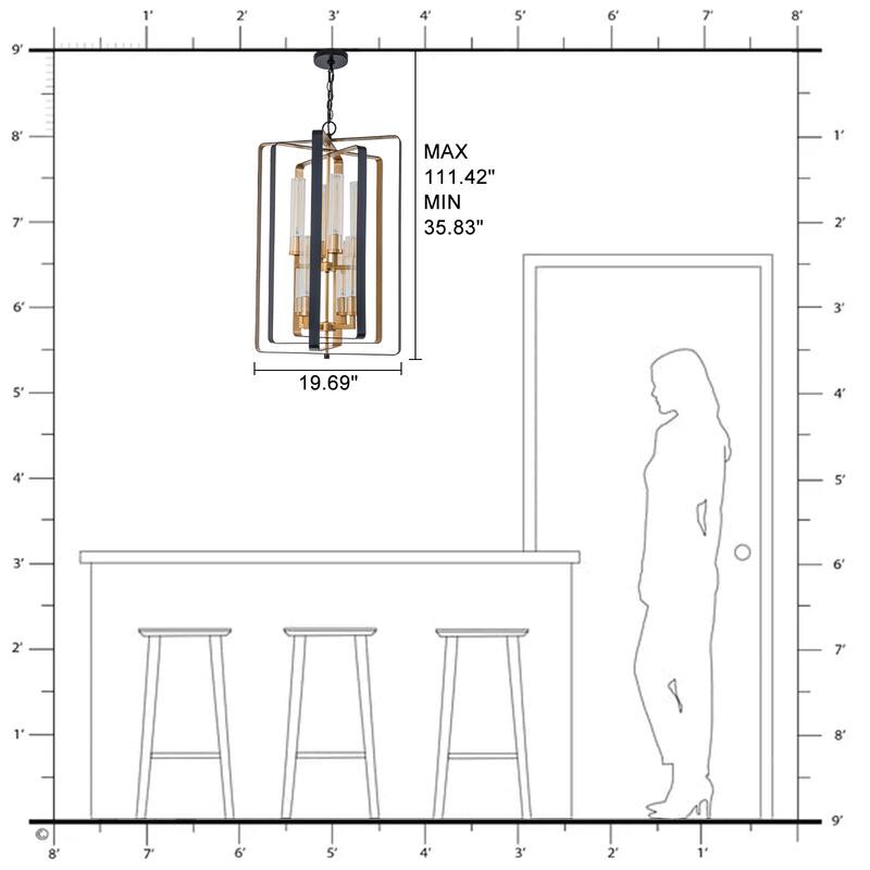 19.7" 8-Light Modern Black Gold Pendant Light with Ribbed Glass Tubes - Dia.19.5-in