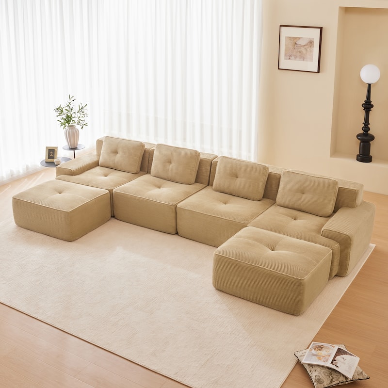 Roomfitters No Assembly Modular Sofa, 117 Inch Corduroy 3-Seater with Piping, Camel