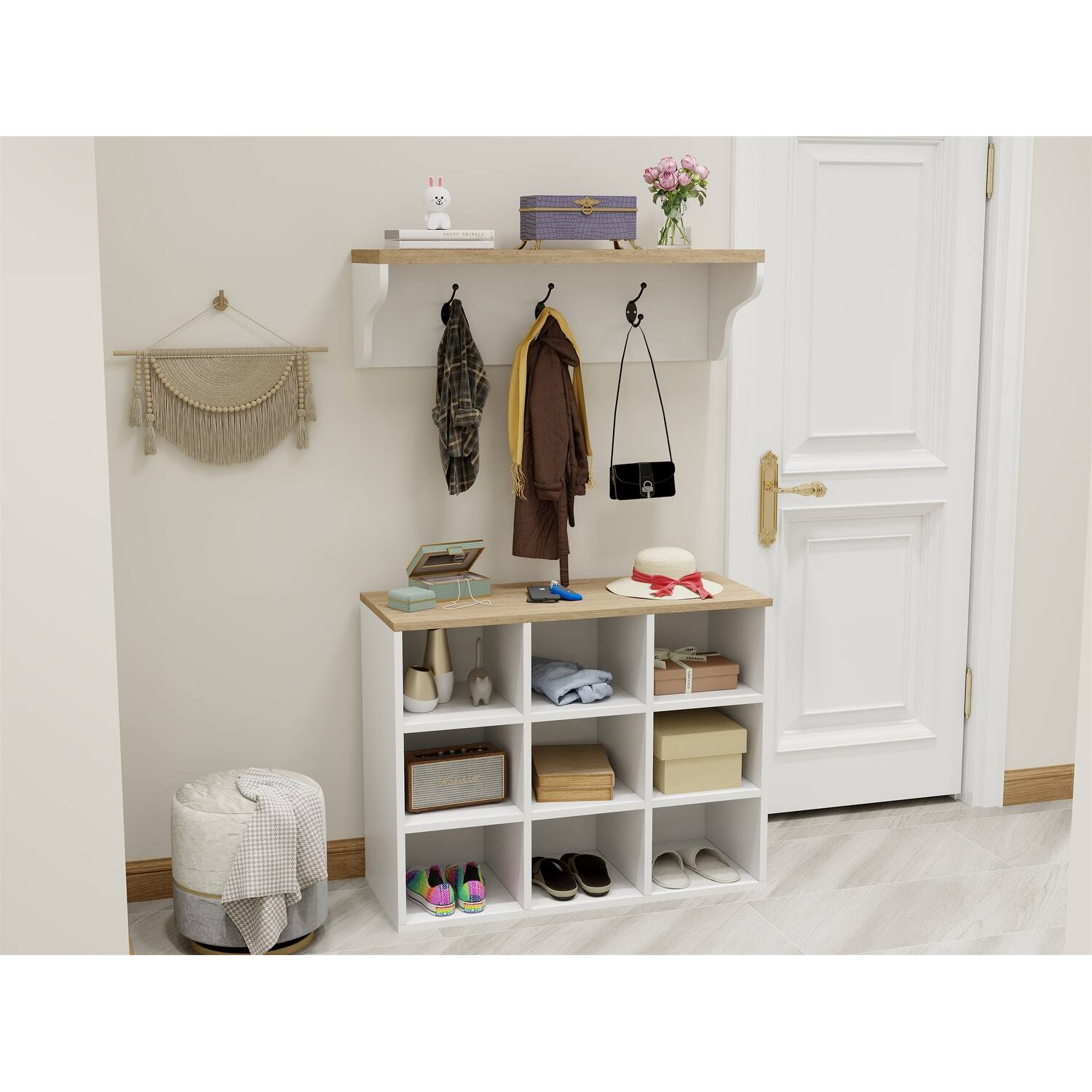White+Oak Hall Tree Set with Coat Rack, Shoe Bench, 9Cubby Shoe
