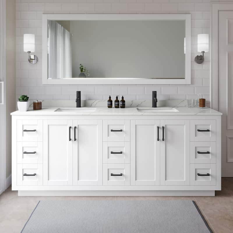 Wyndham Collection WCF292984D-QTZ-UNSMXX Miranda 84" Free Standing - White / Giotto Quartz Top / Matte Black Hardware