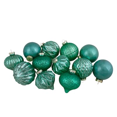 Finial and Glass Ball Christmas Ornaments - 3.25" - Green - Set of 12