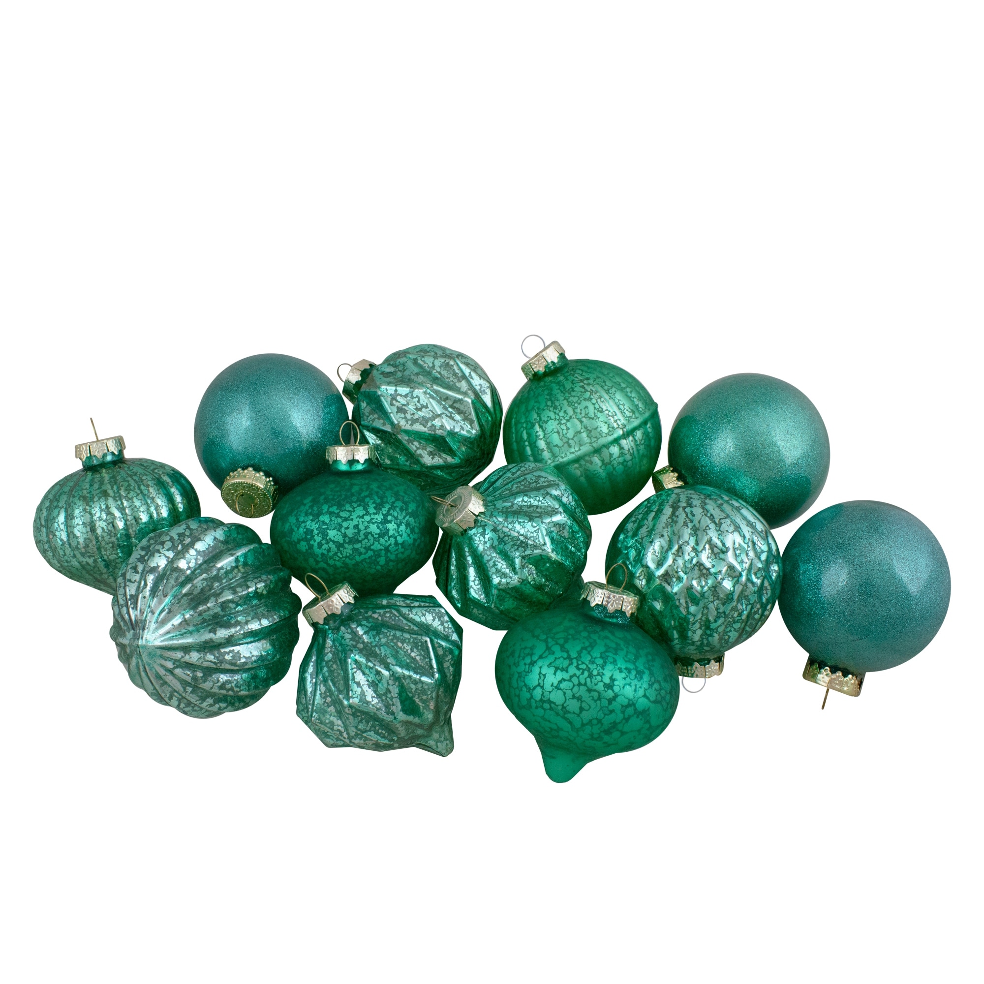 Finial and Glass Ball Christmas Ornaments - 3.25" - Green - Set of 12